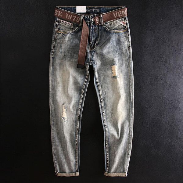men's jeans italian style fashion men retro elastic slim fit ripped vintage designer casual cotton denim pants, Blue
men's jeans italian style fashion men retro elastic slim fit ripped vintage designer casual cotton denim pants, Blue