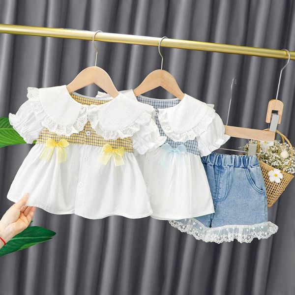 girls 2pcs clothes set infants baby kids children 2021 summer short sleeve plaid bow shirt+jeans shorts pants outfit s12330 clothing se, White
girls 2pcs clothes set infants baby kids children 2021 summer short sleeve plaid bow shirt+jeans shorts pants outfit s12330 clothing se, White