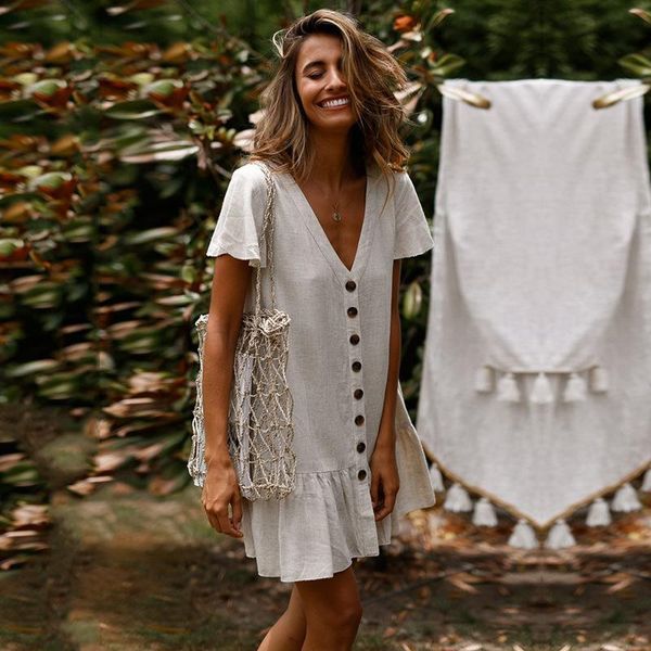 casual dresses single breasted deep v-neck cotton and linen series dress 2021 spring/summer, Black;gray
casual dresses single breasted deep v-neck cotton and linen series dress 2021 spring/summer, Black;gray