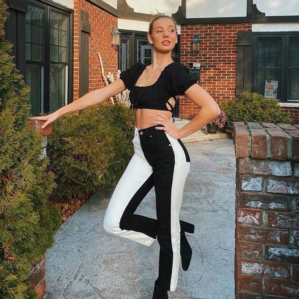 black white splicing straight-leg trousers fashion women long pants high waist button patchwork for lady chic bottoms women's & capris
black white splicing straight-leg trousers fashion women long pants high waist button patchwork for lady chic bottoms women's & capris