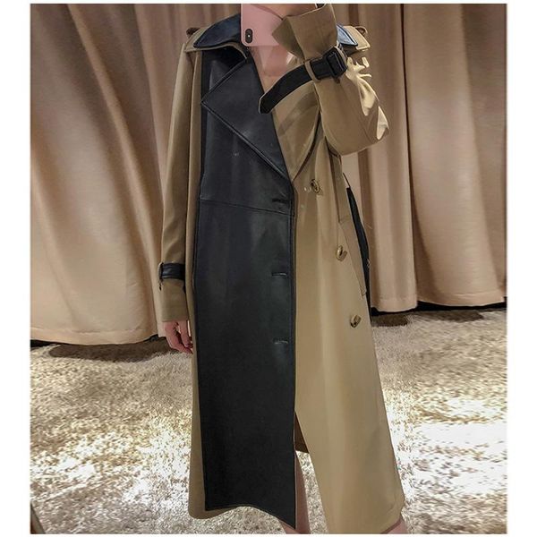 women's leather & faux pu windbreaker for women fashion british style retro long coat 2021 autumn chic spliced belted trench jacket, Black
women's leather & faux pu windbreaker for women fashion british style retro long coat 2021 autumn chic spliced belted trench jacket, Black