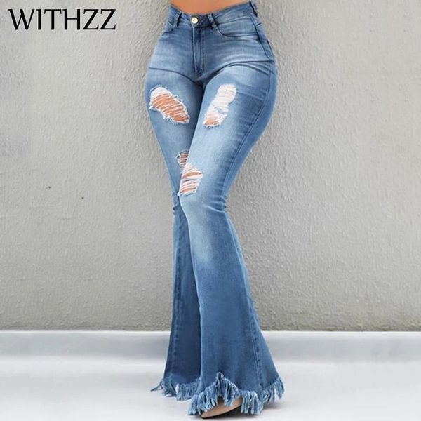 women's jeans withzz slim denim hole trousers flared pants ripped, Blue