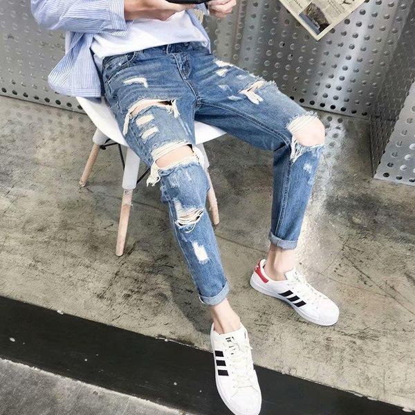 men's jeans summer 2021 fashion denim casual thin ankle length pants beggar male korean wild holes scraped loose feet, Blue
men's jeans summer 2021 fashion denim casual thin ankle length pants beggar male korean wild holes scraped loose feet, Blue
