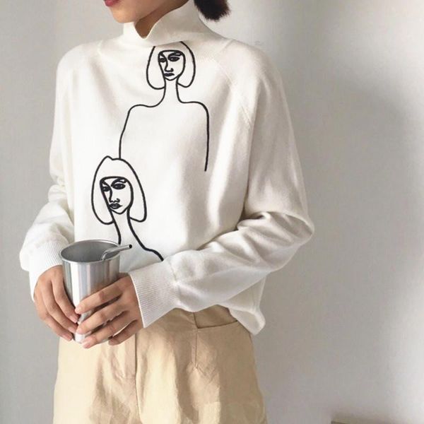 women's sweaters 2021 women cartoon embroidery female jumper long sleeve pullover turtleneck mujer sueter, White;black
women's sweaters 2021 women cartoon embroidery female jumper long sleeve pullover turtleneck mujer sueter, White;black