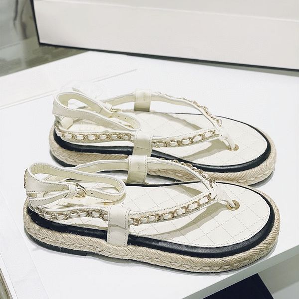 2021 metal chain sandals women's leather rhombic clip toe ring one button straw rope thick bottom sandal, Black
2021 metal chain sandals women's leather rhombic clip toe ring one button straw rope thick bottom sandal, Black