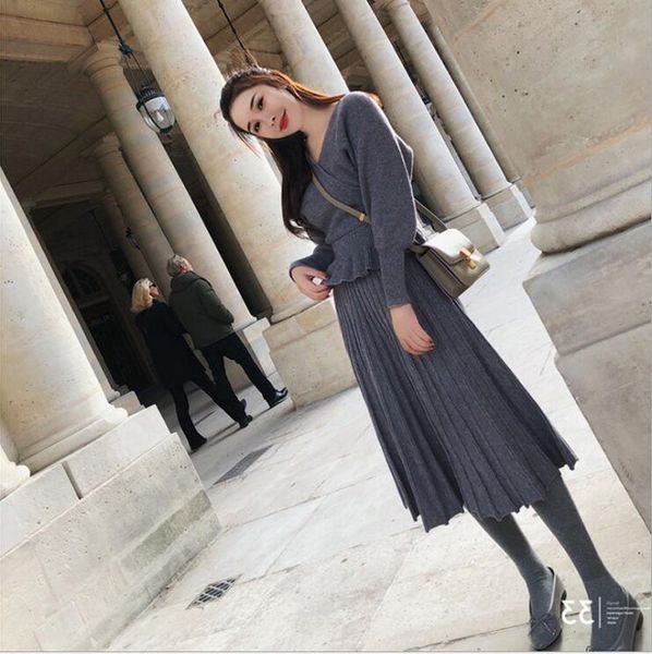 two piece dress women's set knitting suit autumn winter ruffled v-neck women sweater + elastic waist pleated skirt pieces, White
two piece dress women's set knitting suit autumn winter ruffled v-neck women sweater + elastic waist pleated skirt pieces, White