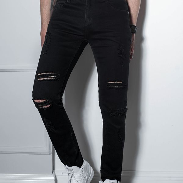 men's pants jeans, high street, european and american, teenagers plus holes, knee destruct pants, slim stretch feet. rgce, Black 
men's pants jeans, high street, european and american, teenagers plus holes, knee destruct pants, slim stretch feet. rgce, Black