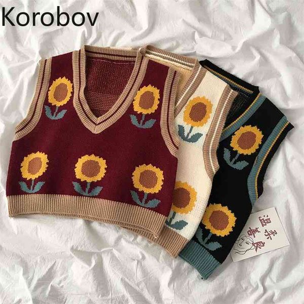 korobov new v neck sleeve vest sweaters preppy style flower knit crop pullovers sweater vintage sweet korean sueter mujer 210430, White;black
korobov new v neck sleeve vest sweaters preppy style flower knit crop pullovers sweater vintage sweet korean sueter mujer 210430, White;black