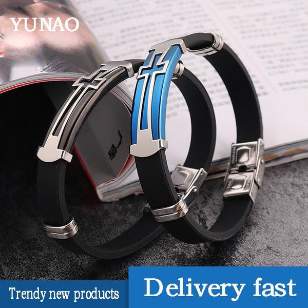 link, chain yunao jewelry products simple cross titanium steel personality men's silicone bracelet couple, Black
link, chain yunao jewelry products simple cross titanium steel personality men's silicone bracelet couple, Black