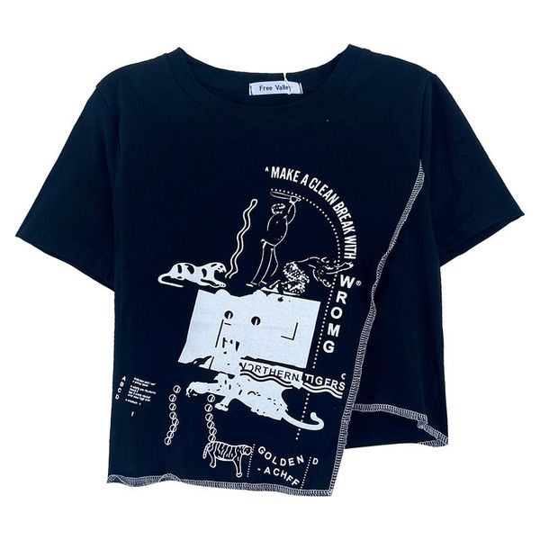 women's t-shirt irregular open line design pattern printing summer round neck slim short sleeves, White
women's t-shirt irregular open line design pattern printing summer round neck slim short sleeves, White