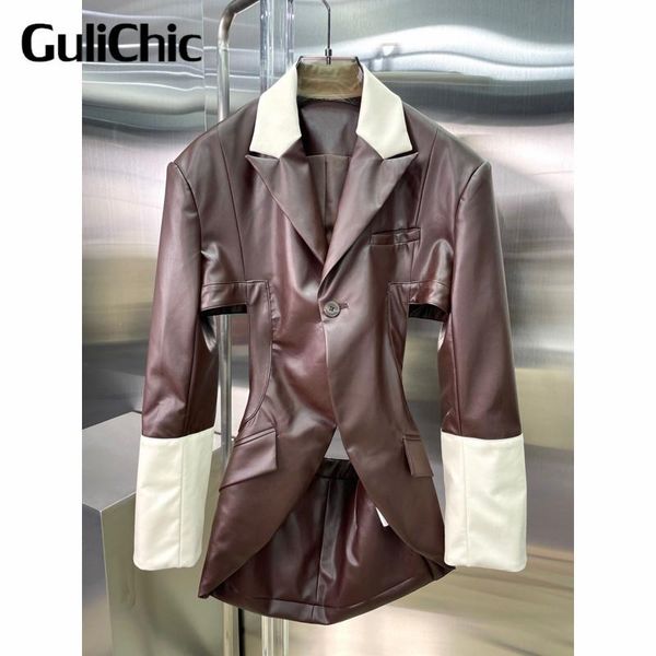 women's leather & faux 7.30 gulichic backless hollow out contrast color patchwork single button collect waist temperament coat, Black
women's leather & faux 7.30 gulichic backless hollow out contrast color patchwork single button collect waist temperament coat, Black