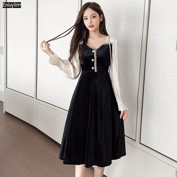 women 2021 year winter spring patchwork feminine lady french black long elegant velvet dress casual dresses, Black;gray
women 2021 year winter spring patchwork feminine lady french black long elegant velvet dress casual dresses, Black;gray