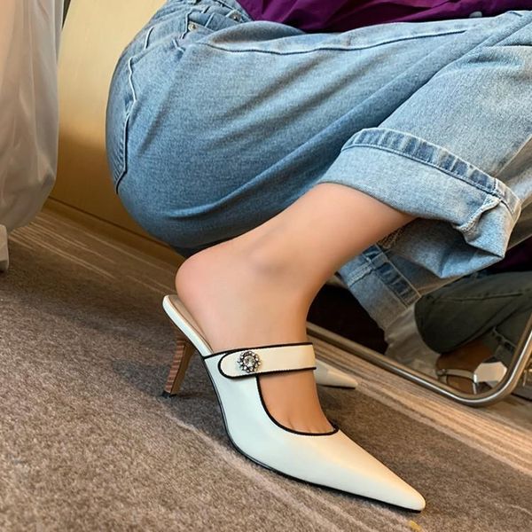 dress shoes beige leather pointed toe women mules crystal flower buckle strap 7cm thin high heels party creepers apricot slippers, Black
dress shoes beige leather pointed toe women mules crystal flower buckle strap 7cm thin high heels party creepers apricot slippers, Black