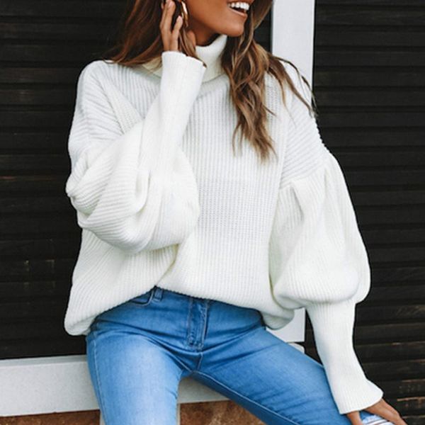 women's sweaters 2021 knitted sweater pullover high-collar lantern sleeves warm autumn fall fashion solid white yellow black, White;black 
women's sweaters 2021 knitted sweater pullover high-collar lantern sleeves warm autumn fall fashion solid white yellow black, White;black