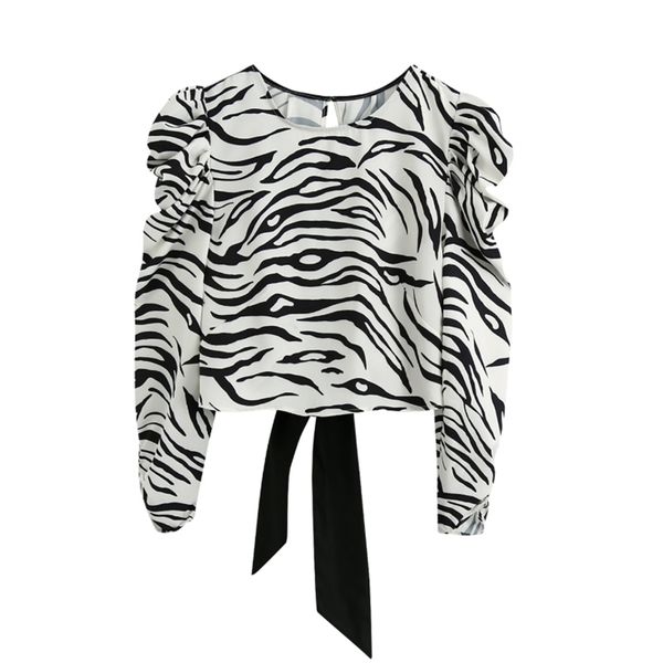 women zebra-stripe print puff sleeve short shirt vintage femme back fork bow blouse casual lady loose smock blusas s8012 210401, White
women zebra-stripe print puff sleeve short shirt vintage femme back fork bow blouse casual lady loose smock blusas s8012 210401, White