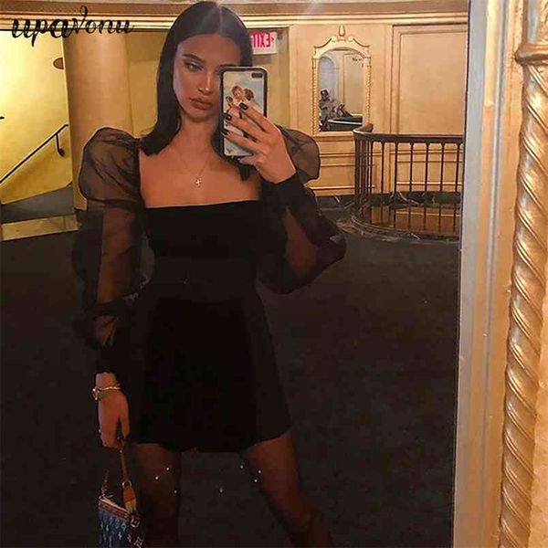 women black bandage dress square neck tulle bubble long sleeve bodycon mini club party vestido 210524, Black;gray
women black bandage dress square neck tulle bubble long sleeve bodycon mini club party vestido 210524, Black;gray