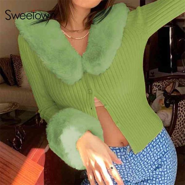 sweetown ribbed knitted ladies cardigans sweaters with fur trim collar long sleeve slim autumn winter jumpers women knitwear y2k, White;black
sweetown ribbed knitted ladies cardigans sweaters with fur trim collar long sleeve slim autumn winter jumpers women knitwear y2k, White;black
