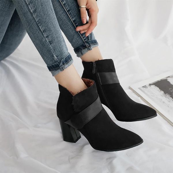 boots women fashion pure color pointed toe zipper chunky heels vintage short plush flock leather, Black
boots women fashion pure color pointed toe zipper chunky heels vintage short plush flock leather, Black