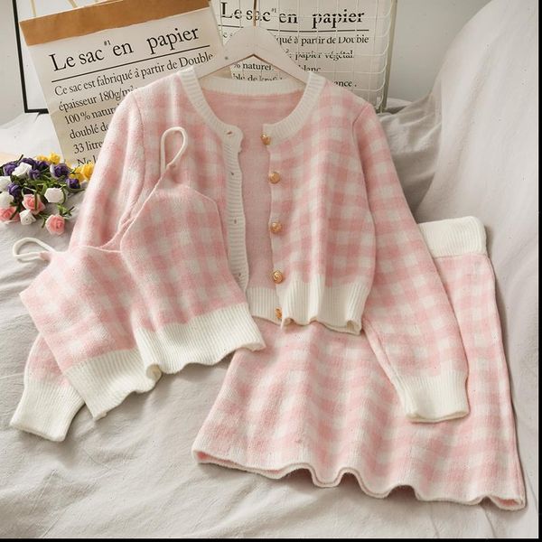 sweet plaid three piece womens tracksuits o neck single breasted long sleeved loose sweater with short strap two set skirt, Gray
sweet plaid three piece womens tracksuits o neck single breasted long sleeved loose sweater with short strap two set skirt, Gray