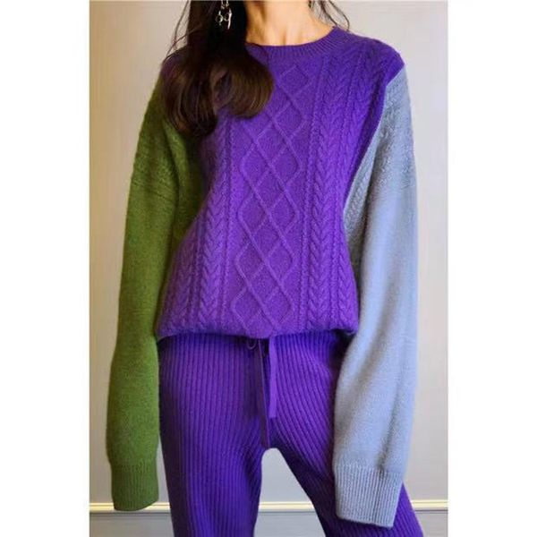 women's two piece pants winter cashmere suit round neck loose thick contrast color twisted sweater and fashion 2-piece set, White
women's two piece pants winter cashmere suit round neck loose thick contrast color twisted sweater and fashion 2-piece set, White