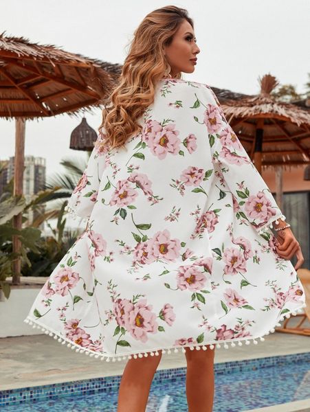 allover floral pom pom kimono a8la#, White;black