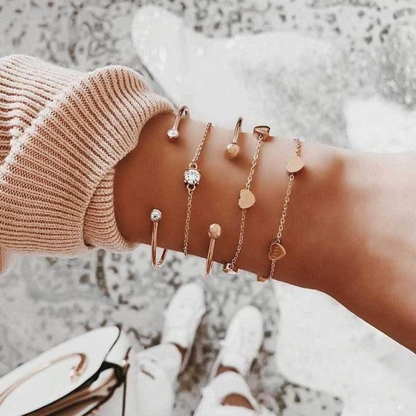 link, chain trending jewelry accessories 2021 women's fashion love metal plated moon shape 5 piece bracelet sets, Black