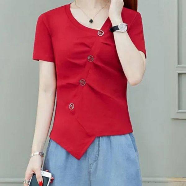 women's t-shirt pure cotton short-sleeve summer tee korean lady slim buttons irregular t shirts female solid color top, White
women's t-shirt pure cotton short-sleeve summer tee korean lady slim buttons irregular t shirts female solid color top, White