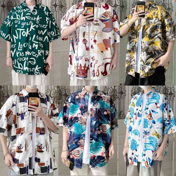 summer simple half short sleeve floral shirt for men, White;black