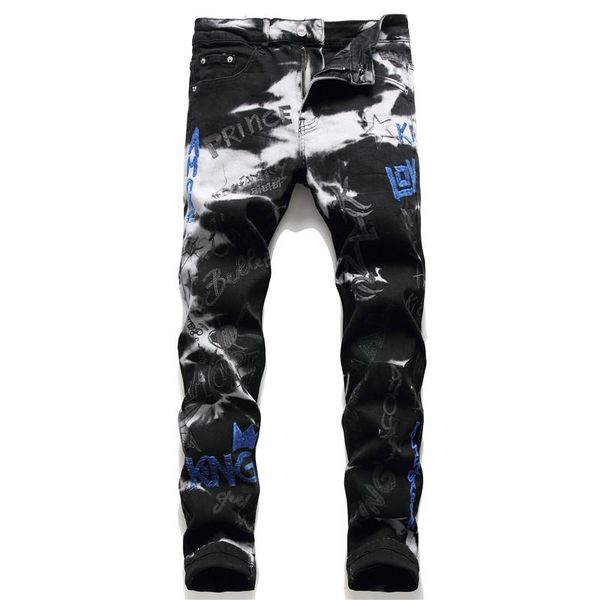 men's letters embroidery black stretch denim jeans embroidered pencil pants trousers for men, Blue
men's letters embroidery black stretch denim jeans embroidered pencil pants trousers for men, Blue