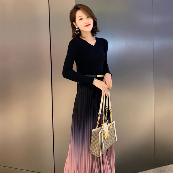 jxmyy new spring women's full-sleeved elegant knitted patchwork dress gradient pleated sweater long vestidos 210412, Black;gray
jxmyy new spring women's full-sleeved elegant knitted patchwork dress gradient pleated sweater long vestidos 210412, Black;gray