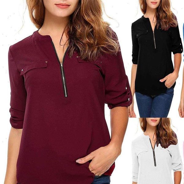 h40 spring summer womens t shirts shirt chiffon v neck office work zipper long, White
h40 spring summer womens t shirts shirt chiffon v neck office work zipper long, White