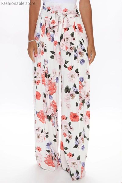 women's pants & capris floral printed wide leg women chiffon tied front high waist trousers casual, Black;white