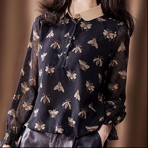bee printed long women shirt sleeved chiffon female petal sleeve button loose large size was thin bottoming pullover blouses, White
bee printed long women shirt sleeved chiffon female petal sleeve button loose large size was thin bottoming pullover blouses, White