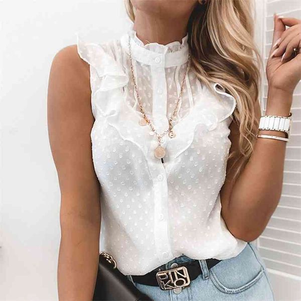 summer white chiffon tulle blouse shirt women casual sleeveless ruffles shirts lady polka dot office camisa 210427
summer white chiffon tulle blouse shirt women casual sleeveless ruffles shirts lady polka dot office camisa 210427