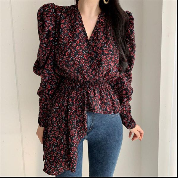 women shirts all match summer elegance florals v neck irregular puff sleeves chic loose sweet casual female, White
women shirts all match summer elegance florals v neck irregular puff sleeves chic loose sweet casual female, White