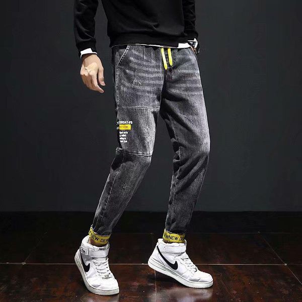 men's cropped trousers jeans trend printing casual men clothing goth splicing little feet, Blue
men's cropped trousers jeans trend printing casual men clothing goth splicing little feet, Blue
