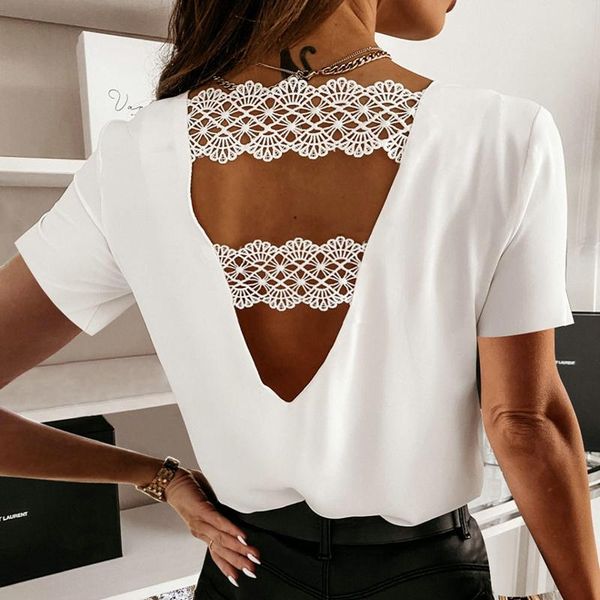 women's blouses & shirts women backless lace hollow out short sleeve casual cut at the back blouse elegent, White
women's blouses & shirts women backless lace hollow out short sleeve casual cut at the back blouse elegent, White