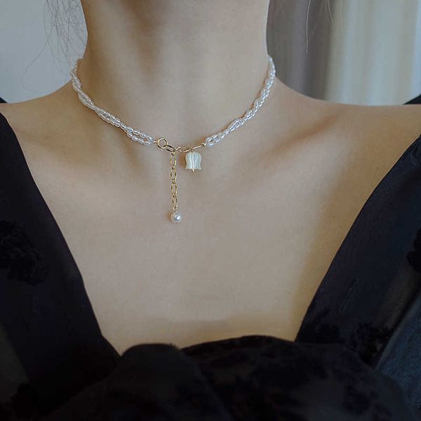 rice grain natural fresh water pearl necklace women's niche design double layer clavicle chain simple temperament, Silver
