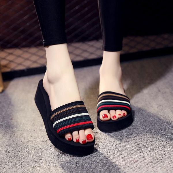 slippers women summer foam sandals and high-heeled thick-soled non-slip fashion outer wear striped korean beach shoes, Black 
slippers women summer foam sandals and high-heeled thick-soled non-slip fashion outer wear striped korean beach shoes, Black