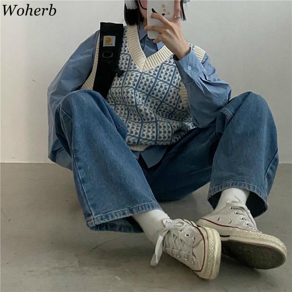 woherb women sweaters japanese all-match vintage knitted pullovers vest preppy style v-neck plaid knitwear oversized tank coat women's, White;black
woherb women sweaters japanese all-match vintage knitted pullovers vest preppy style v-neck plaid knitwear oversized tank coat women's, White;black
