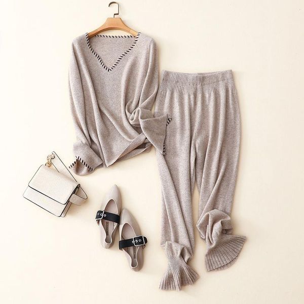 two piece dress 100% cashmere twin set women v neck pullover + elastic sweatpant, White
two piece dress 100% cashmere twin set women v neck pullover + elastic sweatpant, White