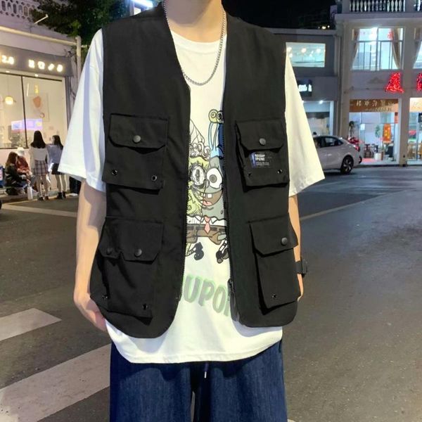 men's vests vest summer overalls loose black jacket trend hip-hop streetwear multi-pocket sleeveless outer wear casual clothing, Black;white
men's vests vest summer overalls loose black jacket trend hip-hop streetwear multi-pocket sleeveless outer wear casual clothing, Black;white