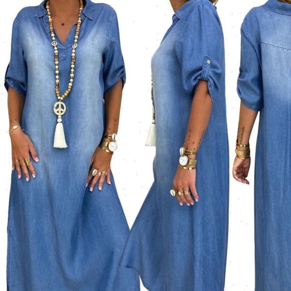 women plus womens dress size vintage summer v neck half sleeve side slitting hem long denim loose, Black;gray
women plus womens dress size vintage summer v neck half sleeve side slitting hem long denim loose, Black;gray