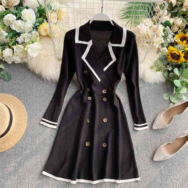 spring autumn women's dress french retro hit color suit collar double-breasted slim long-sleeved knitted es gx510 210507, Black;gray
spring autumn women's dress french retro hit color suit collar double-breasted slim long-sleeved knitted es gx510 210507, Black;gray
