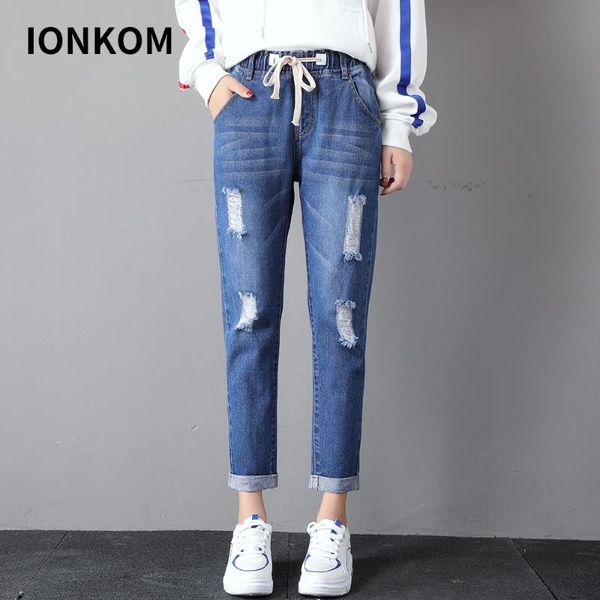 women's jeans ionkom women elastic drawstring mid waist denim casual trousers for ladies ripped crimping harem pants ankle-length, Blue
women's jeans ionkom women elastic drawstring mid waist denim casual trousers for ladies ripped crimping harem pants ankle-length, Blue