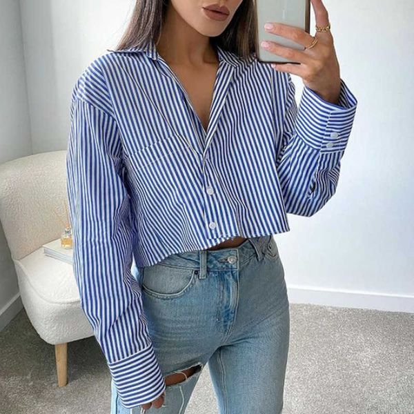 women's blouses & shirts trendy striped women pockets cropped blue female blusas ier1, White
women's blouses & shirts trendy striped women pockets cropped blue female blusas ier1, White