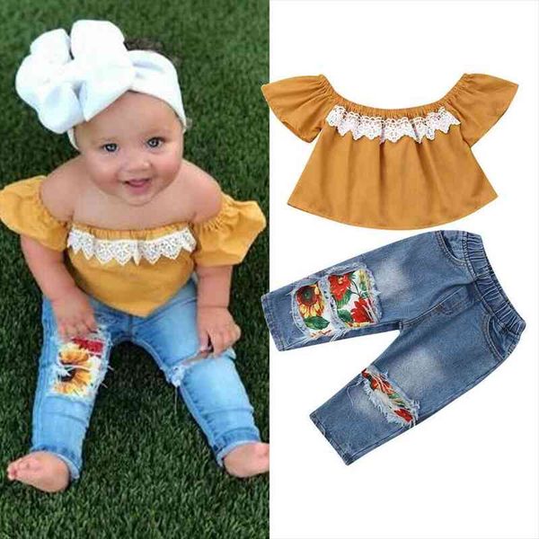 summer kids baby girl clothes off shoulder yellow jeans denim pants 2pcs fashion set outfits, White
summer kids baby girl clothes off shoulder yellow jeans denim pants 2pcs fashion set outfits, White
