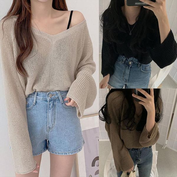 lazy style thin long sleeved womens sweaters summer loose and sunscreen sweater, White;black
lazy style thin long sleeved womens sweaters summer loose and sunscreen sweater, White;black