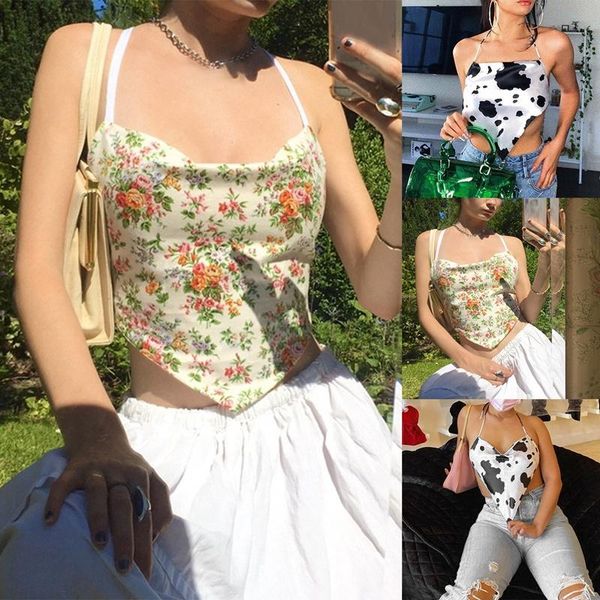 women's t-shirt kf-satin floral dairy cow print women halter crop lace up backless streetwear party club, White
women's t-shirt kf-satin floral dairy cow print women halter crop lace up backless streetwear party club, White
