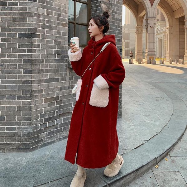women's wool & blends red woolen coat for women winter vintage elegant loose korean style casual thick warm long hooded trench jacket o, Black
women's wool & blends red woolen coat for women winter vintage elegant loose korean style casual thick warm long hooded trench jacket o, Black